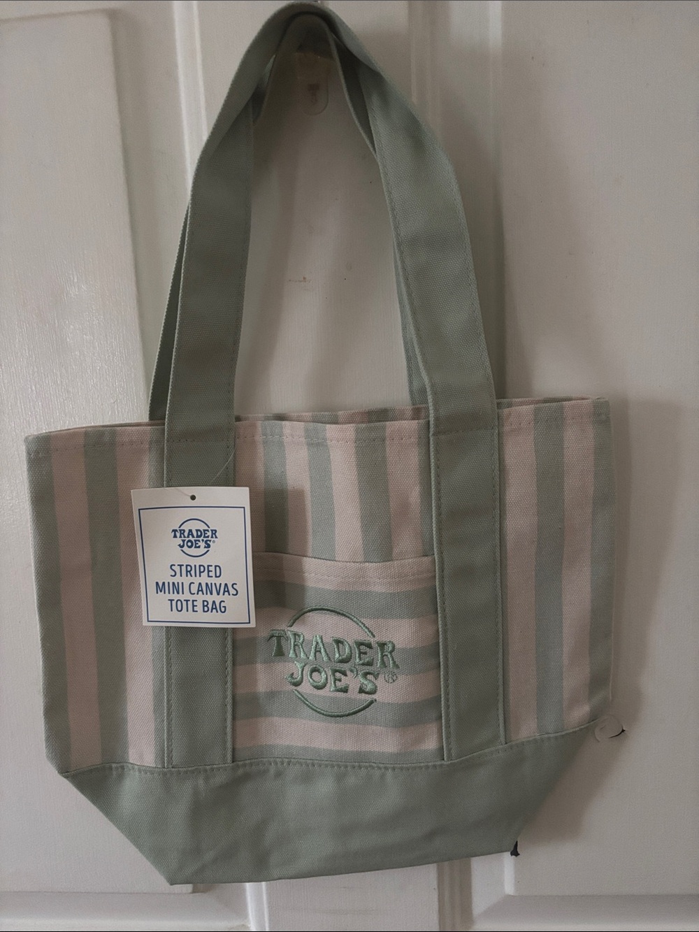 Trader Joe's Striped Mini Canvas Tote Bag in Sage and Cream